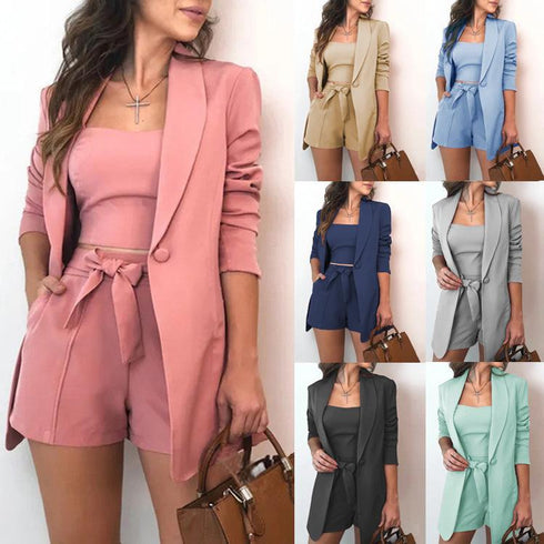 Solid color blazer high waist shorts slim three-piece set